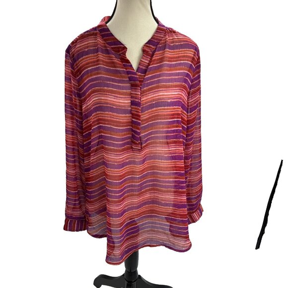 Liz Claiborne Womens L Multicolor Stripe Long Sleeve V Neck Blouse Top - Picture 1 of 6
